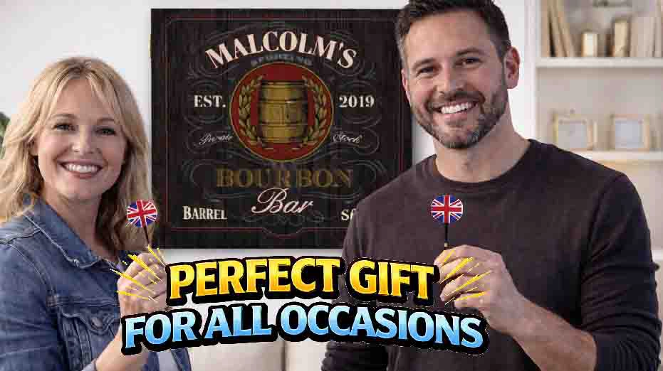 Smiling couple holding drinks in front of Malcolm’s Bourbon Bar custom dartboard sign with Perfect Gift for All Occasions text.