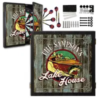 Personalized lake house dartboard cabinet set with custom family name, vintage speedboat and jumping bass design, includes dartboard, six darts, and mounting hardware.