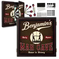 Personalized Man Cave dartboard cabinet set with custom name, vintage boxing design, bristle dartboard, six darts, and mounting hardware included.