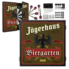 Personalized Biergarten dartboard cabinet with German pub design, eagle artwork, and complete dartboard set including darts and mounting hardware