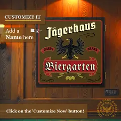 Custom Biergarten dartboard cabinet mounted on wall, showing option to add a personalized name to the German beer hall style design