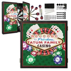 Personalized casino dartboard cabinet with Las Vegas–style design, custom family name, playing cards, poker chips, and complete dartboard set