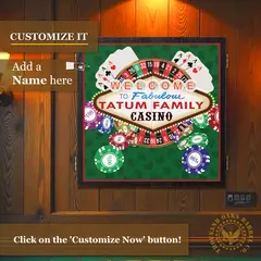 Custom casino dartboard cabinet mounted on wall, showing option to add a personalized family name to the Las Vegas–inspired design