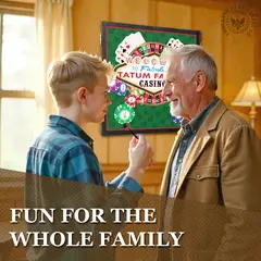 Family enjoying a personalized casino dartboard cabinet, highlighting fun indoor game room entertainment for all ages