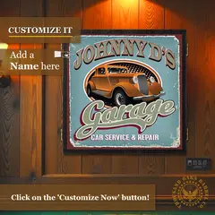 Personalized garage-themed dartboard cabinet mounted on a wood wall with “Customize It” overlay, featuring a vintage classic car design and custom name option.