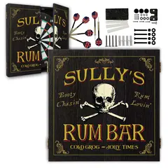 Custom Sully’s Rum Bar dartboard cabinet set featuring a skull and crossbones pirate design, personalized name text, steel-tip darts, and complete mounting hardware on a white background.