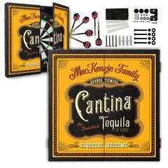 Personalized Cantina Tequila dartboard cabinet set with “MacKenzie Family” name printed on yellow Mexican-style design, includes dartboard, six darts, and mounting hardware.