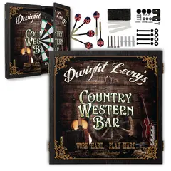 Personalized “Country Western Bar” dartboard cabinet set with custom name, rustic wood design featuring guitars, wagon wheel, and horseshoe, includes dartboard, six darts, and mounting hardware.