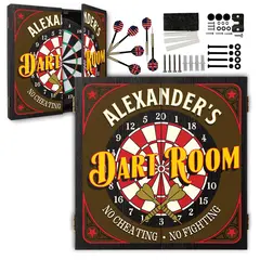 Personalized “Alexander’s Dart Room” dartboard cabinet set with classic red and brown design, name custom printed above a dartboard graphic, includes steel-tip darts and mounting hardware.