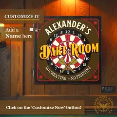 Custom “Alexander’s Dart Room” dartboard cabinet mounted on a wood-paneled wall with text overlay reading “Customize It – Add a Name Here” and “Click on the Customize Now button.”