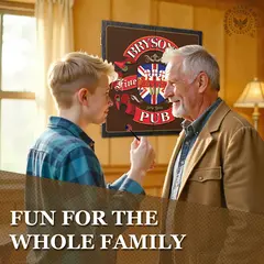 Father and son playing darts in a cozy room with personalized “Bryson’s Fine Ale Pub” dartboard cabinet mounted on the wall, highlighting family fun and custom pub-style design.