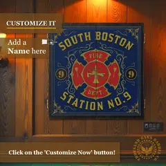 Fire Dept dartboard cabinet mounted on wood wall with “Add a Name” personalization option, blue fire station design and gold detailing.
