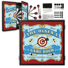 Personalized vintage carnival-themed dartboard cabinet set with custom name, featuring “The Olsen’s Game Room” design, dartboard, steel-tip darts, and mounting hardware.