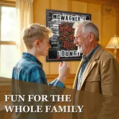 Father and son playing darts in a game room with custom Rock and Roll Lounge dartboard cabinet featuring personalized name on brick wall design.