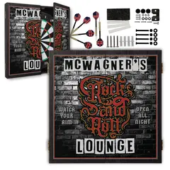 Custom Rock and Roll Lounge dartboard cabinet set with personalized name, brick wall design, steel tip darts, mounting hardware, and American/UK flag darts included.
