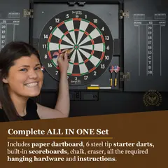 Open personalized custom dartboard cabinet showing regulation dartboard, built-in chalk scoreboards, and steel tip darts included in the set