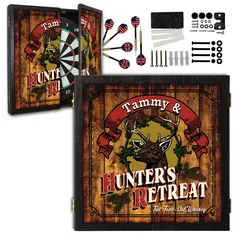 Personalized Hunter’s Retreat dartboard cabinet set with custom name banner, deer head design, rustic wood background, darts and mounting hardware included.