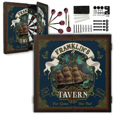Personalized Franklin’s Tavern nautical ship dartboard cabinet set with bristle dartboard, steel tip darts, mounting hardware and wood finish doors.