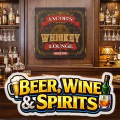 Personalized “Jacob’s Whiskey Lounge” dartboard cabinet mounted in a home bar setting with wooden shelves, liquor bottles, glassware, and a bold “Beer, Wine & Spirits” graphic in the foreground.