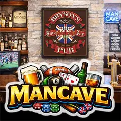 Personalized English pub themed dartboard cabinet in a man cave with bar shelves, stone wall, and “Mancave” sports graphic overlay.