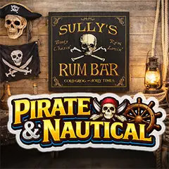 Pirate-themed game room featuring a “Sully’s Rum Bar” skull and crossbones dartboard cabinet mounted on a rustic wooden wall, surrounded by a pirate hat, Jolly Roger flag, lantern, rope decor, and a bold “Pirate & Nautical” graphic banner in the foreground.