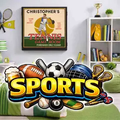 Personalized tennis-themed dartboard cabinet mounted on a kids sports bedroom wall with tennis rackets, trophy, bookshelf, and colorful sports decor.