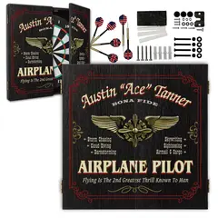 Airline pilot custom dartboard cabinet set with steel tip darts and mounting hardware included