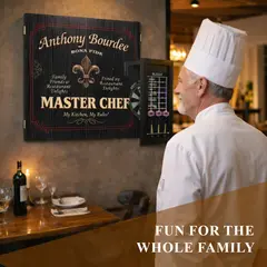 Personalized Master Chef dartboard cabinet mounted on restaurant wall with chef viewing custom name design