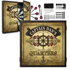 Personalized Captain’s Quarters dartboard cabinet set with nautical vintage design and included darts and mounting hardware
