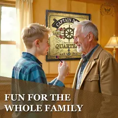 Family playing darts in game room with Captain’s Quarters personalized dartboard cabinet on wall