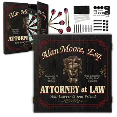 Attorney themed dartboard cabinet with customizable name option and Lady Justice emblem displayed on wooden wall.