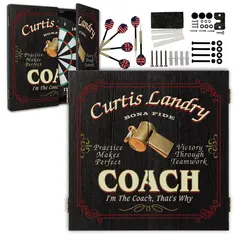 Custom coach dartboard cabinet set with personalized name, darts, mounting hardware, and classic sports design.