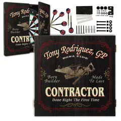 Personalized contractor dartboard cabinet set with darts, mounting hardware, and custom name construction themed design