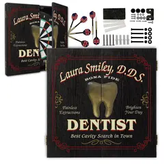 Custom dentist dartboard cabinet set displayed open with dartboard, darts, mounting hardware, and personalized dental design.