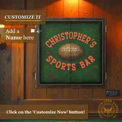 Personalized football sports bar dartboard cabinet set with custom name and vintage football design for man cave or home bar.