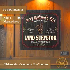 Personalized land surveyor dartboard cabinet with custom name option and vintage surveying instrument design