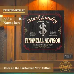 Personalized Financial Advisor dartboard cabinet wall mounted with custom name displayed on wood panel background
