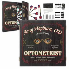 Custom Optometrist dartboard cabinet set with personalized name design, dartboard, darts and mounting hardware included