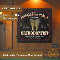 Personalized Orthodontist dartboard cabinet mounted on wood wall with custom name option displayed