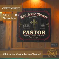 Personalized Pastor dartboard cabinet mounted on wood wall with custom name and cross design