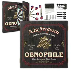 Custom Oenophile dartboard cabinet set including dartboard, darts and mounting hardware with personalized name design