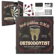 Custom Orthodontist dartboard cabinet set with personalized name design, dartboard, darts and mounting hardware included