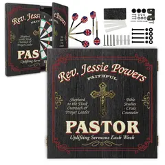 Custom Pastor dartboard cabinet set with personalized name design, dartboard, darts and mounting hardware included