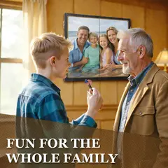 Family enjoying a personalized custom photo dartboard cabinet set mounted in a game room, preparing to play darts together.