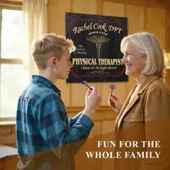 Female physical therapist playing darts in office with personalized physical therapist dartboard cabinet on wall
