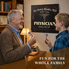 Personalized physician dartboard cabinet in a doctor’s home office with custom name design displayed on wall