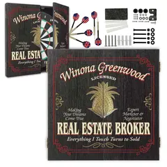Personalized real estate broker dartboard cabinet set with custom name and complete dart accessories
