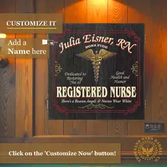 Personalized registered nurse dartboard cabinet with custom name and medical caduceus symbol mounted on wood wall.
