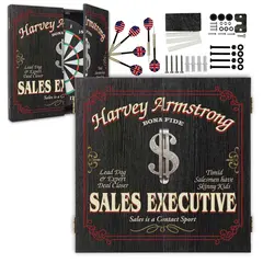 Custom Sales Executive dartboard cabinet set open with dartboard, darts, mounting hardware and personalized name design.
