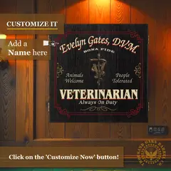 Custom veterinarian dartboard cabinet mounted on wood wall featuring personalized name and veterinary caduceus design